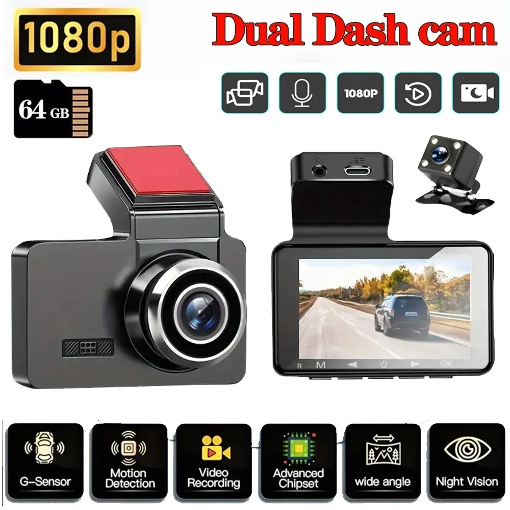 

Dual Camera Dash Cam, Front/Rear Lenses, with 64GB Card, Infrared Night Vision, Wide Angle, Loop Recording, G-Sensor