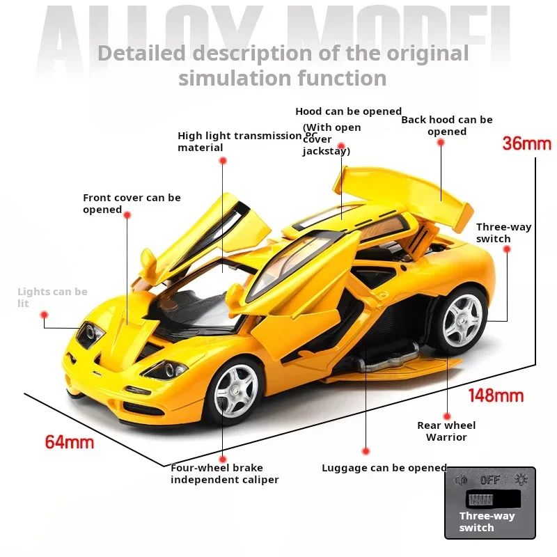 1:32 McLaren F1 XP4 XP5 1933 Supercar Metalowy Model Auta z Odlewu Stopu z Dźwiękiem i Światłem, Napędem Pull-Back, Zabawka dla Dzieci, Prezent na Święta