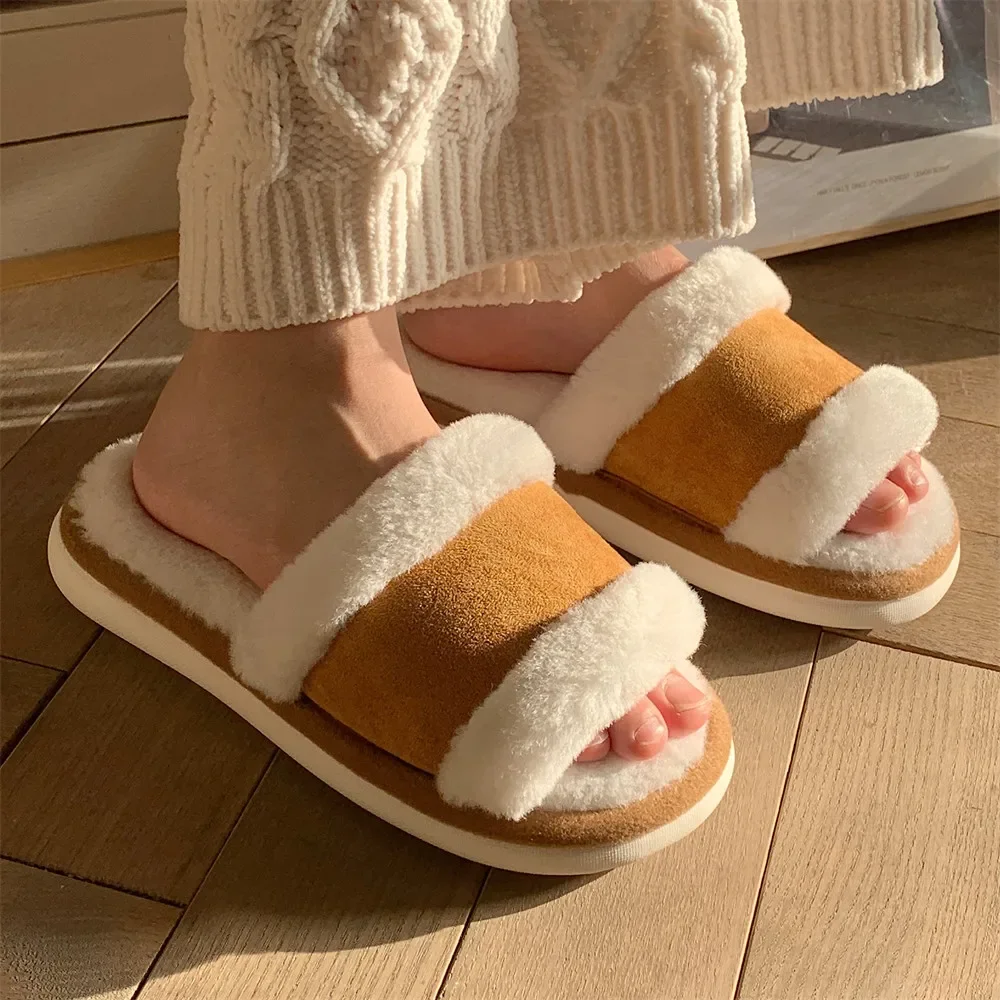 Winter indoor home warmth solid color cotton slippers simple plush soft bottom one-word slippers women
