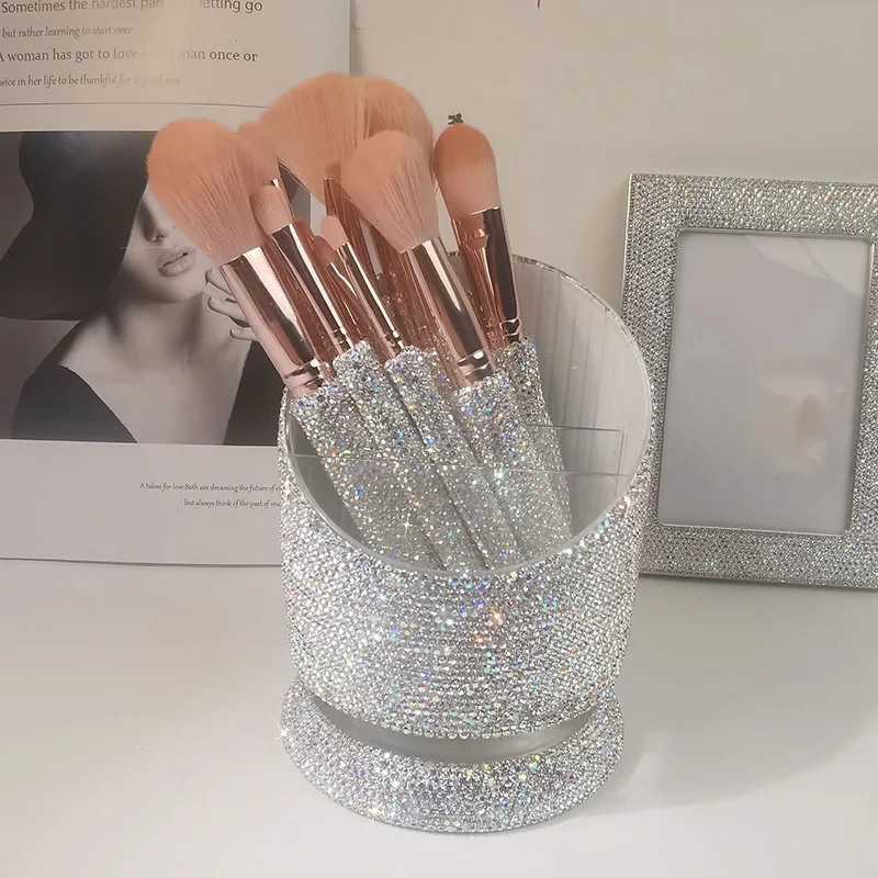 Sparkling Rhinestone Makeup Brush Storage Box Rotating Pencil Holder Desktop Storage Tool Organizer 3 Slots Bathroom Storage