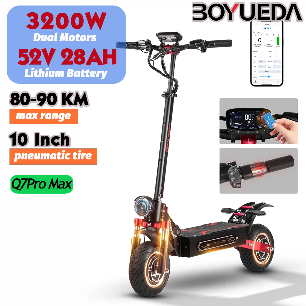 

Q7Pro Max E Scooters 3200W Dual Motors 52V28AH Trottinette électrique Adulte 90KM Моноплатино элеттротический дальнего действия с ключом NFC