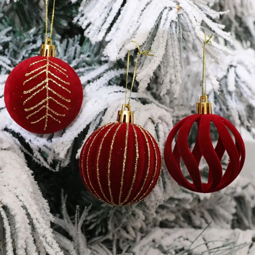 6pcs 6cm Flocking Christmas Balls Set Red Green White Plastic Christmas Painted Balls Pendant Elegant Velvet