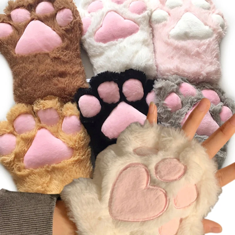 Cartoon Kawaii Cat Claw Paw Gloves Women Plush Mittens Warm Soft Plush Short Fingerless Fluffy Bear Gloves Costume Half Finger