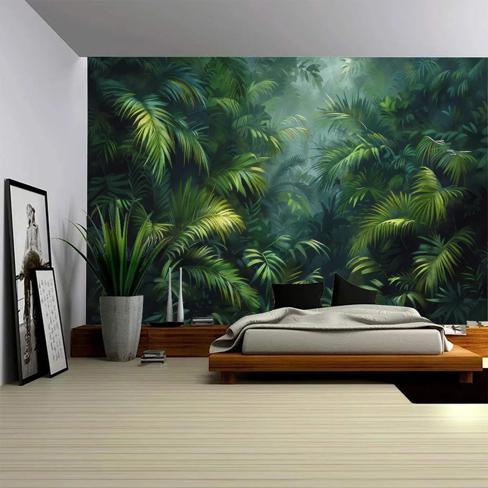 

Green leaf flower wall tropical jungle printed tapestry background for home office, coffee shop, restaurant interior decoration