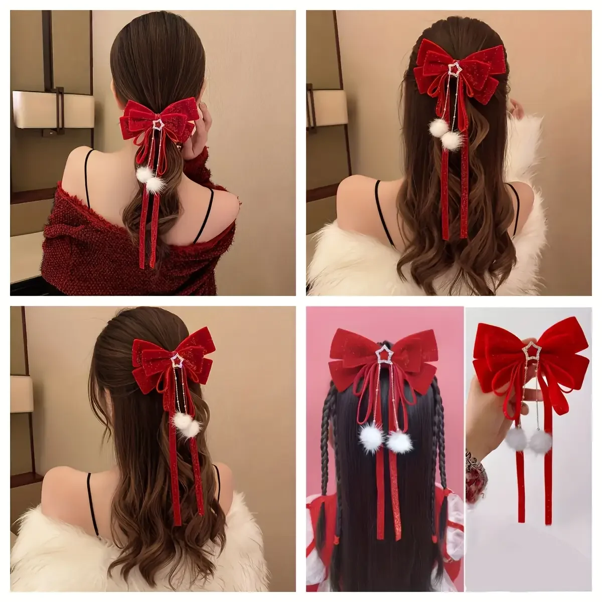 Individual pack of stylish, fashionable star-patterned plush velvet bow with fringe hair clips – festive design.