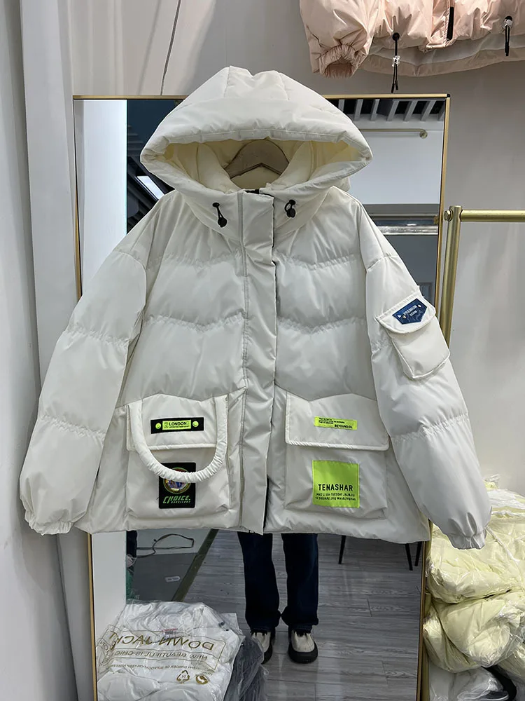 Korean Fashion Winter Short Jacket Women Waterproof Shiny 90% White Duck Down Coat Female Loose Hooded Parker Overcoat