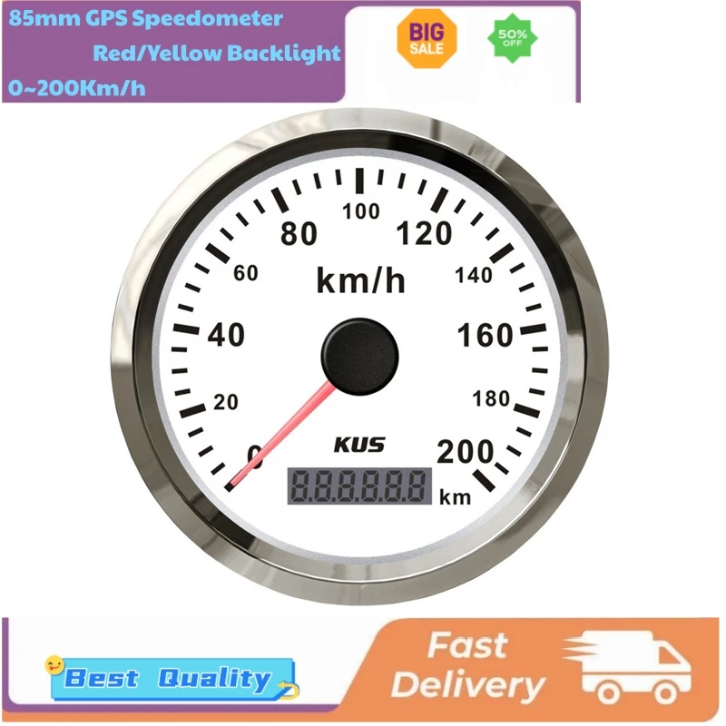 KUS 85mm GPS Speedometers 0-200Km/H Speed Indicators Sus316 Bezel with GPS Antenna 9-32v Working Voltage for Auto Truck Bus Boat