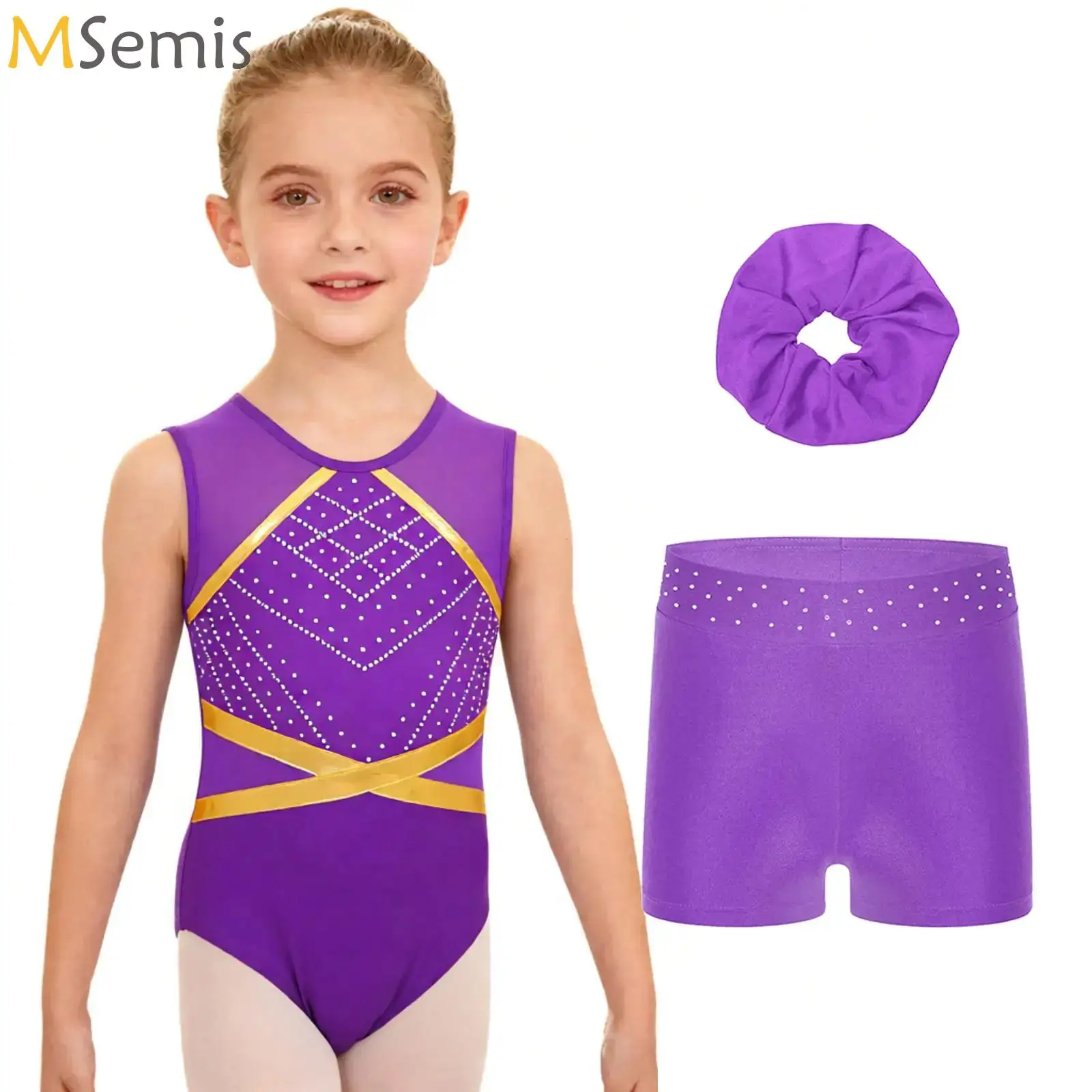 

Kids Girls Sleeveless Figure Skating Bodysuit Ballet Dance Jersey Gymnastics Leotard Tops with Shorts And Hair Tie Headwear Set