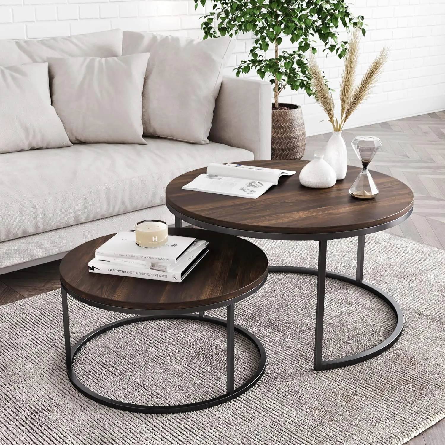 Modern Nesting Coffee Set of 2,Stacking Living Room Accent Tables with Industrial Wood Finish and Powder Coated Metal Frame