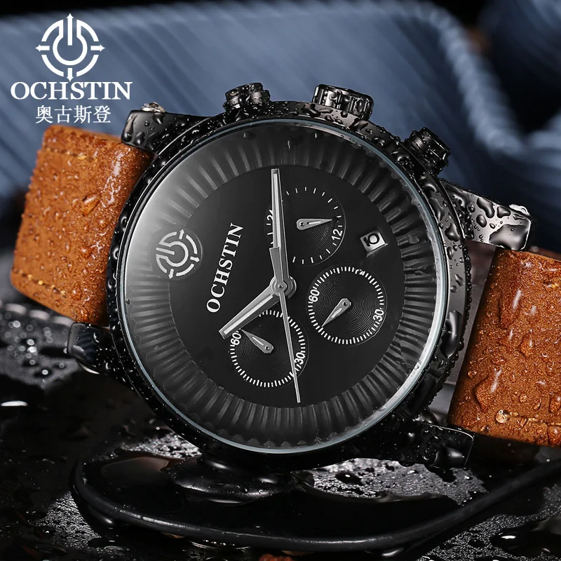 OCHSTIN Pilot Collection New Multifunctional Quartz Movement Watches Man Business Classic Clock Male Waterproof Leather Watch