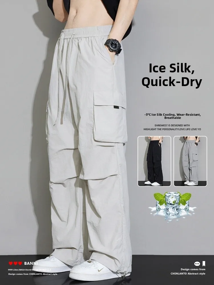 

Ice Silk Work Pants Men's Summer Thin Loose Straight Leg Sports Trousers Wide Leg Trendy Casual Long Pants Faionable Youth ...