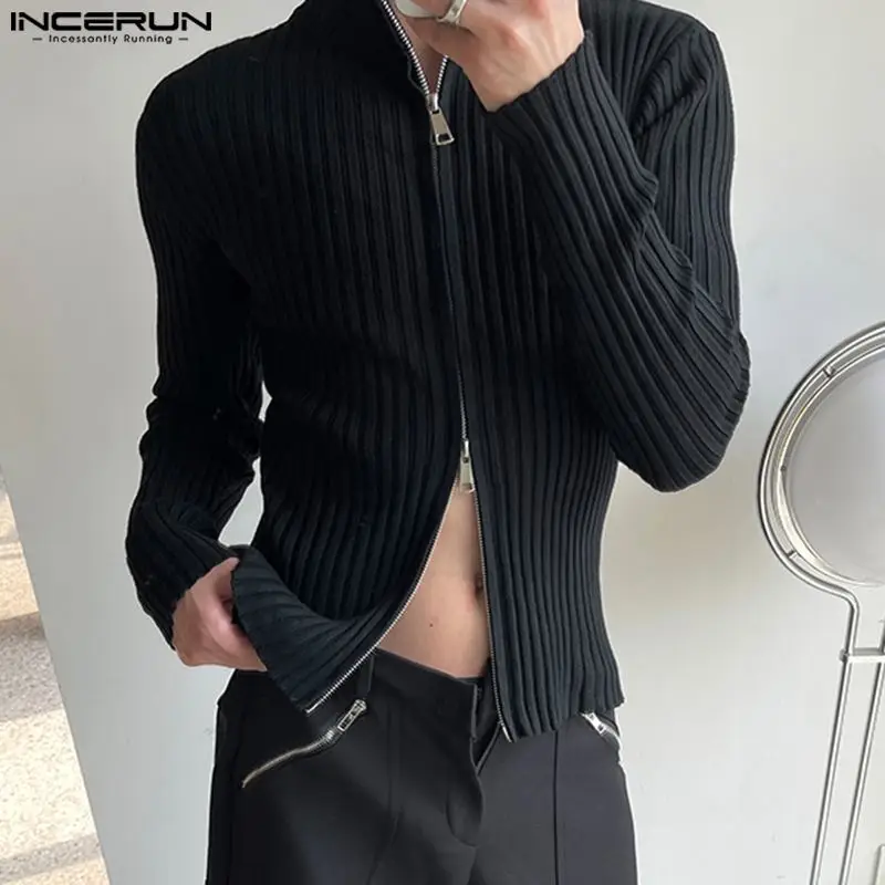 INCERUN 2023 magliette da uomo Solid Knitted Zipper dolcevita manica lunga abbigliamento Casual da uomo Streetwear autunno Fashion Tee Tops