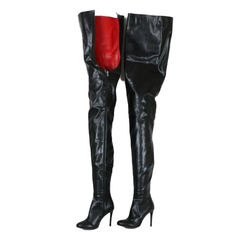 DIZHUANG Sexy women's high heels boots. Black leather over knee high boots. About 11cm heel height. Customized shoes. Size:34-46