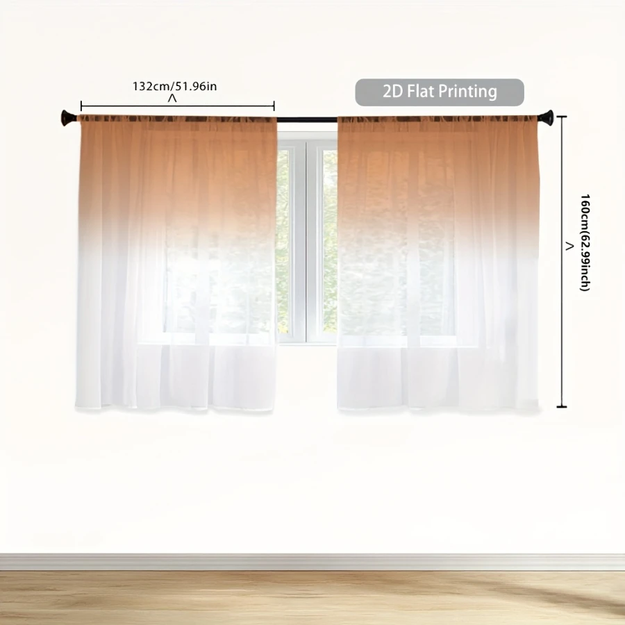 2PCS Digital Print Sheer Curtain, Orange White Gradient, Vintage Floral Window Curtains for Living Room Bedroom Home Decor