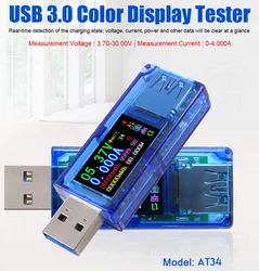 AT34 USB 3.0 kolorowy wyświetlacz LCD woltomierz amperomierz miernik napięcia prądu multimetr do ładowania baterii Bank USB Tester