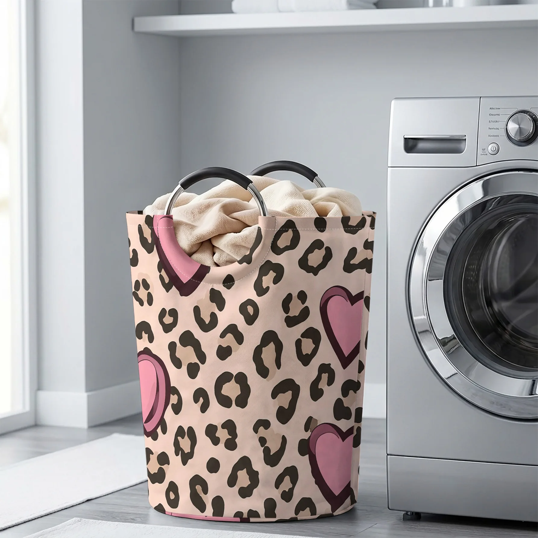 Leopard Print With Pink Hearts Handheld Storage Basket, For Laundry, Bedroom & Home Sundries Storage
