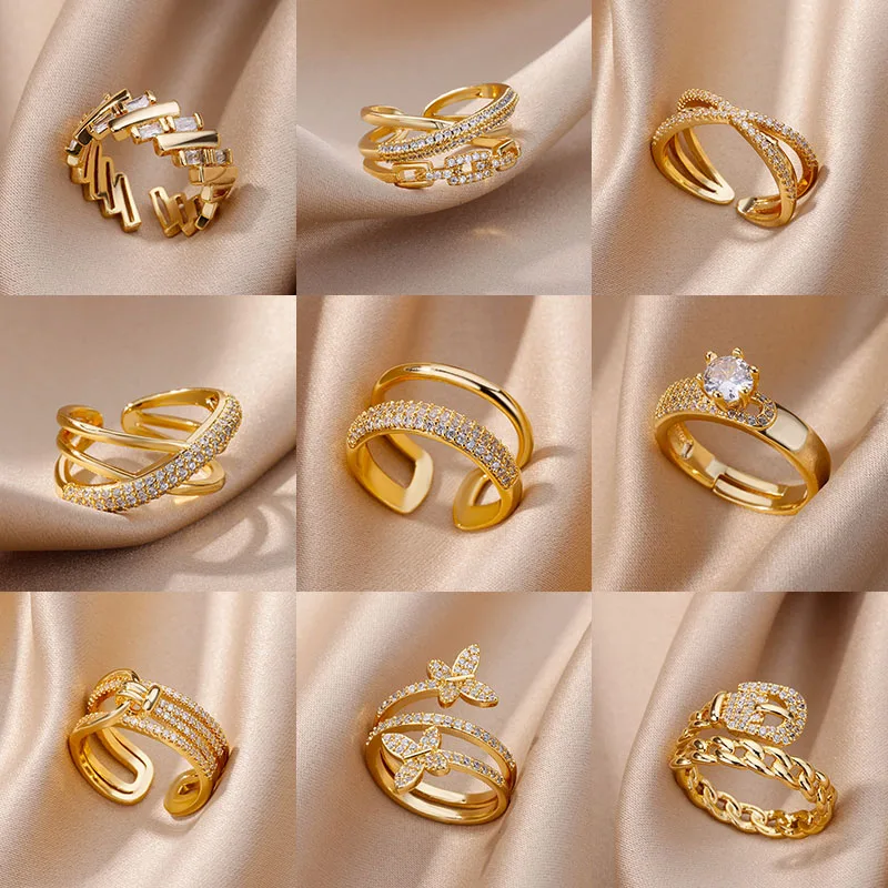 Zircon Double Layer Open Rings For Women Gold Color Adjustable Stainless Steel Ring Wedding Aesthetic Jewelry Gift Bijoux Femme