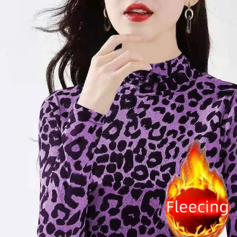 Half High Neck Slim Leopard Long sleeve Top Women\'s T-shirt & Blouses Trend 2024 Female Clothing Woman Clothes Basic Winter New