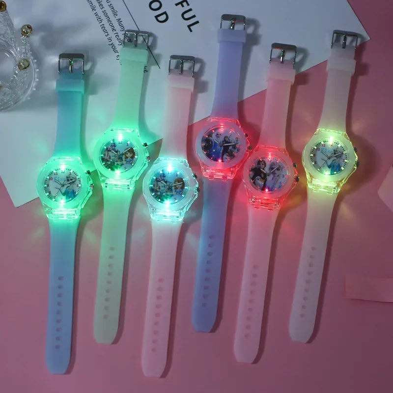 Montre-bracelet à quartz en cuir pour enfants, motif princesse Disney Frozen, flash lumineux LED, jouets à la mode, cadeaux de Noël pour enfants