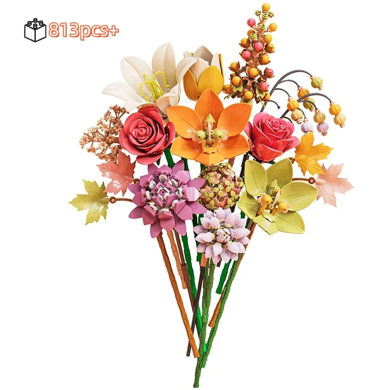

DIY Rose Plant Bouquet Building Blocks Set Everlasting Flowers Assembly Model Valentine Gift for Girls Desktop Decor Toys 813PCS