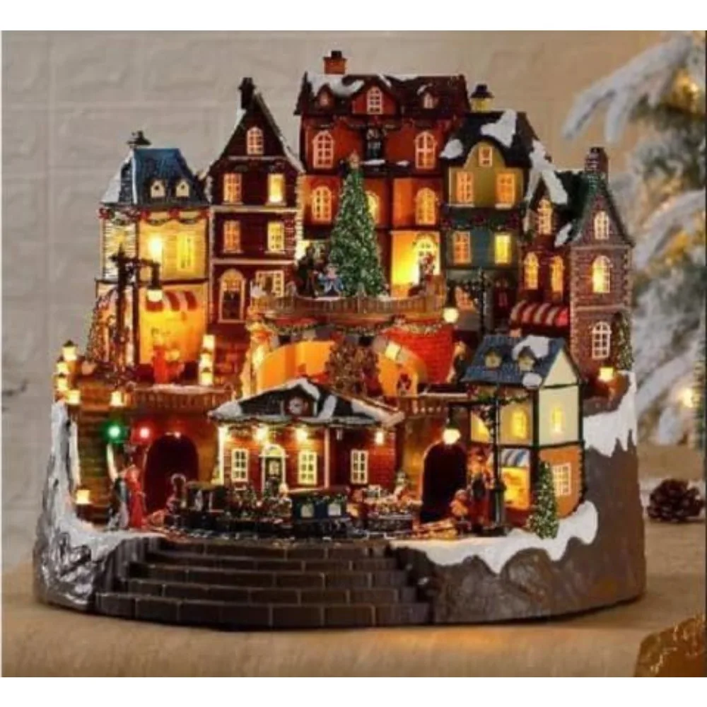 Large Christmas Village House - Train Station with LED Lights, Moving Train and Enchanting Music.