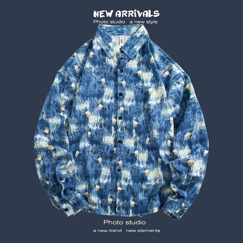 쿠바산 거친 면 민족 스타일 긴 소매 셔츠 봄과 가을 미국 남녀 기하학적 패턴 버튼 코트 셔츠