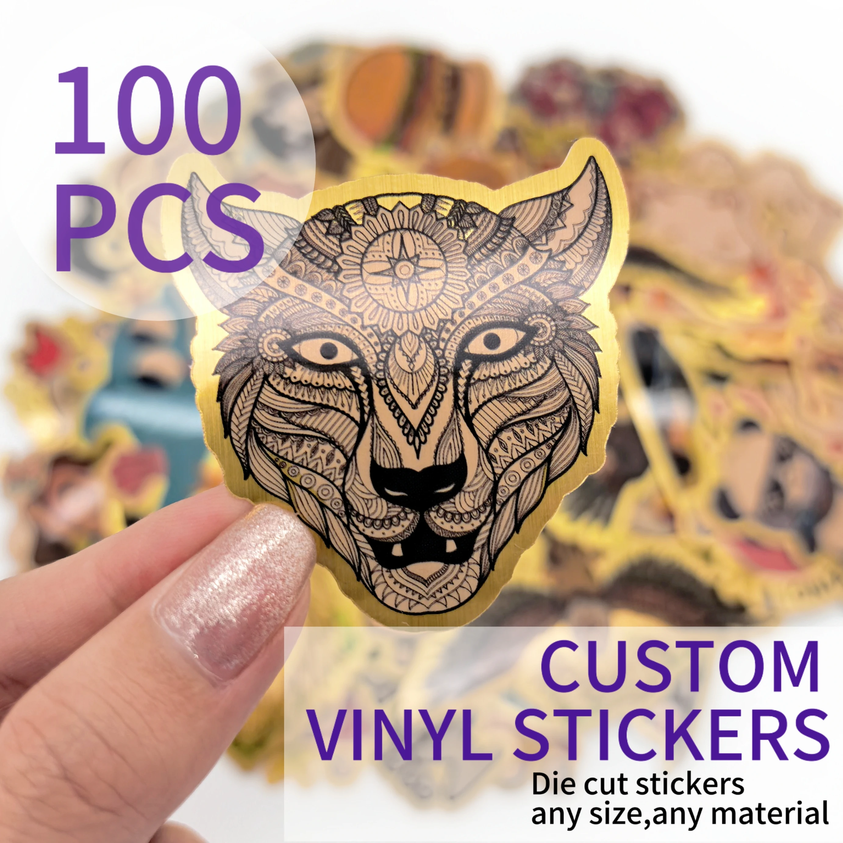 100pcs Custom Stickers PVC Waterproof Brushed Gold Stickers Die Cut Vinyl Personalized Logo Design Laptop Birthday Party Wedding