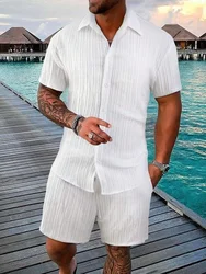 2024 Men's Fashion Summer New Style Casual Solid Color Stripe Suit Male High-Quality Two-Piece Set US Size