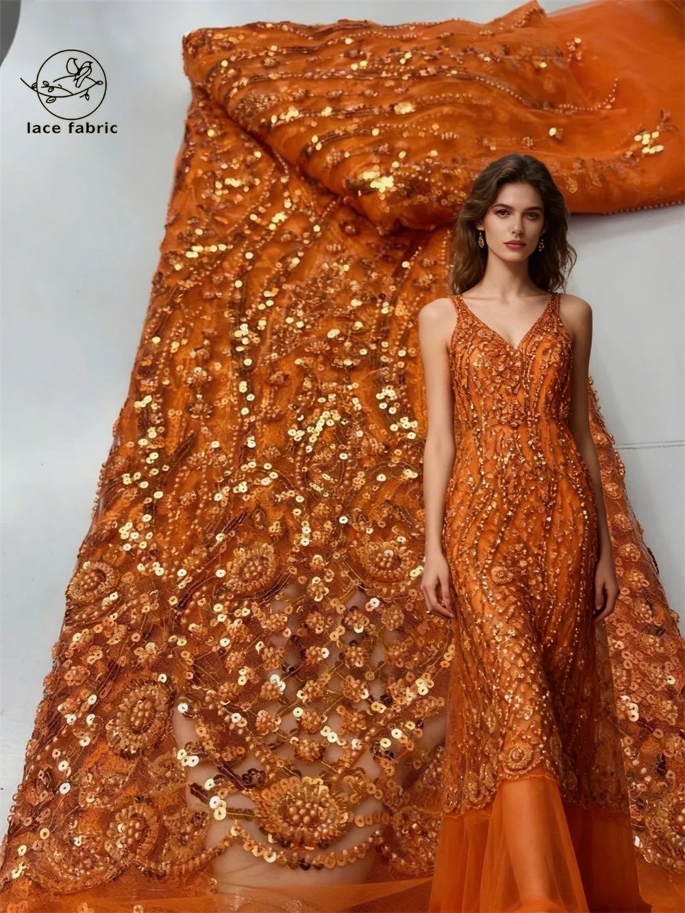 

Burnt Orange Beaded Lace Fabric French Mesh African Fabric Lace 2026 High Quality Sequins Tulle Laces For Wedding Dress Women