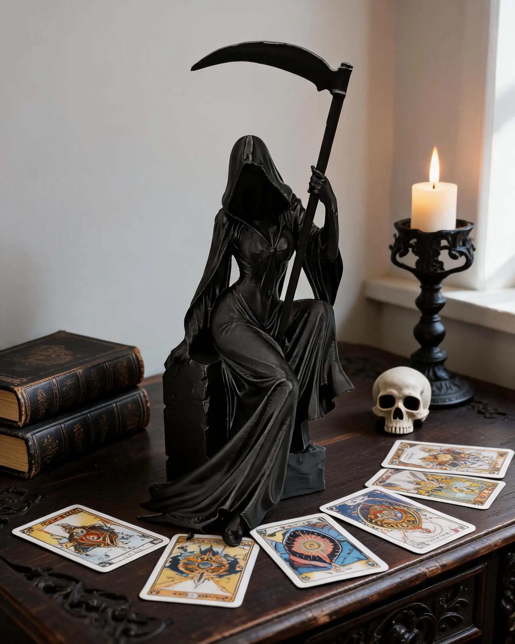 3D-Gedruckte Sitzende Weibliche Sensenfrau-Figur mit Sensenmesser, Gotische Lady Death Statue, Halloween Dunkle Horror-Tischdekoration – Detail 2
