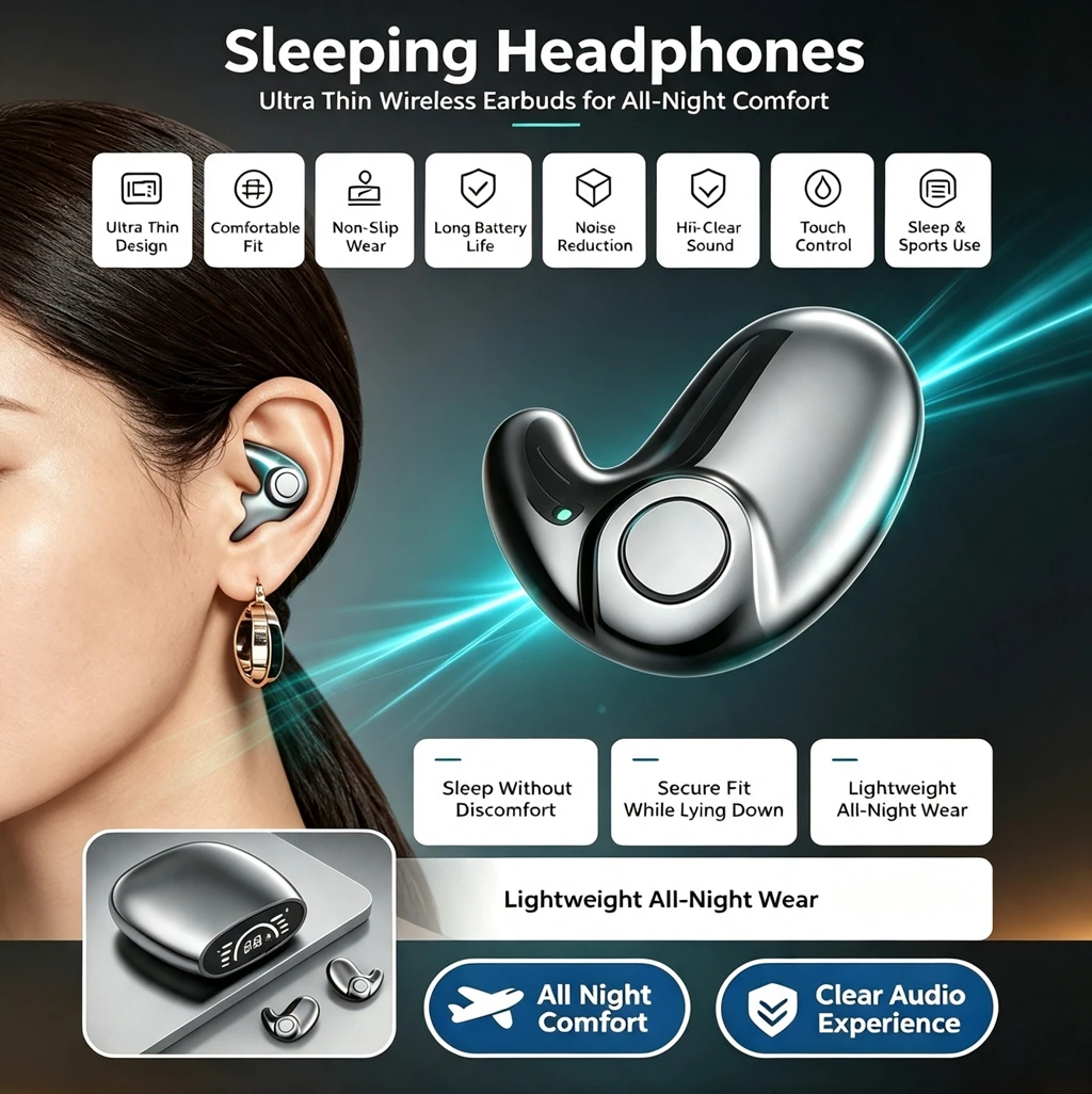 Mini Hidden Sleep Invisible Earbuds TWS Bluetooth 5.3 Wireless Headphones Noise Cancelling Stereo Touch Sports Headsets