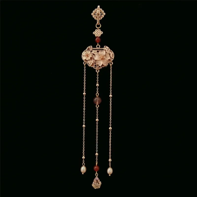 Original design Ruyi filigree craft flower broche pearl tassel long brooches for women cheongsam button pendant Hanfu jewelry