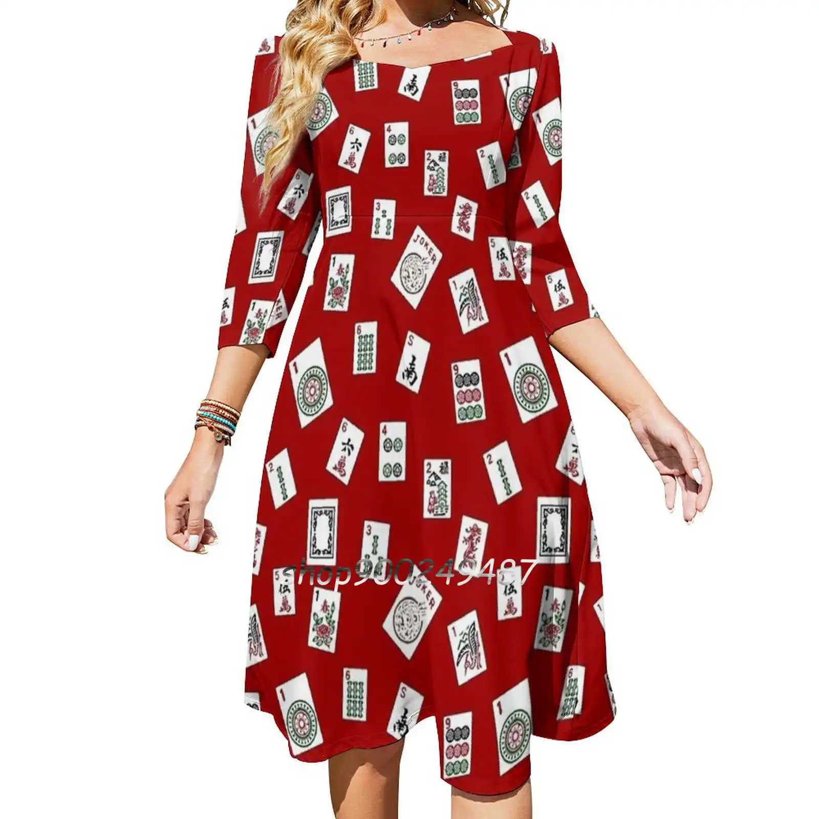 Red Mahjong Flare Dress Square Neck Dress Elegant Female Fashion Printed Dress Mahjong Mah Jong Mahjongg Mah Jongg Nmjl Tiles