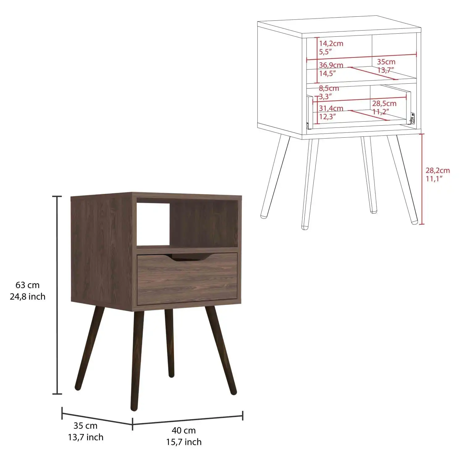 Otom Nightstand , Superior Top, One Open Shelf, One Drawer, Four Legs Dark Walnut