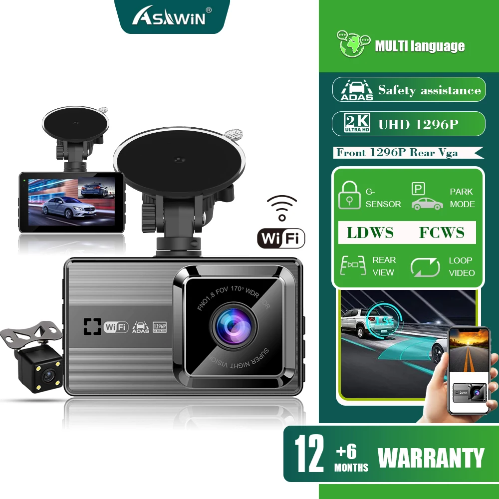 Adas Dash Cam 2K Wifi Car Camera 1296P For Car LDWS FCWS Front and Rear Dual Lens APP Control Night Vison 3 Inch IPS Dash cam