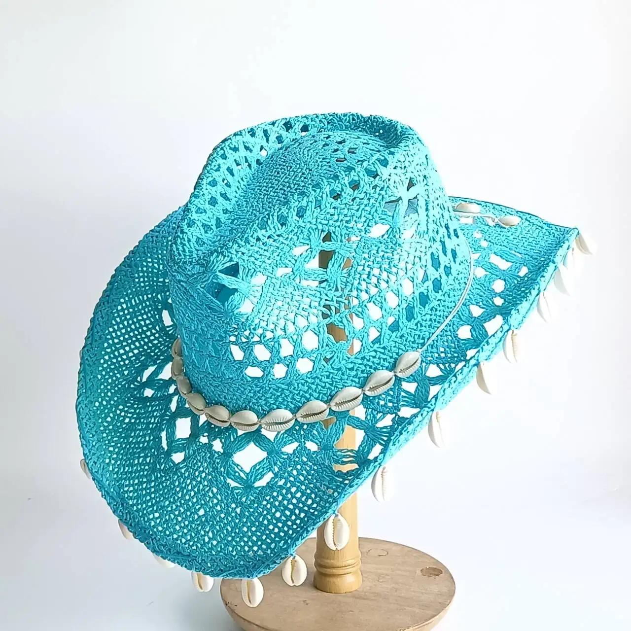 Turquoise Hollow Woven Straw Cowboy Hat Women Boho Seashell Tassel Wide Brim Sun Hat Coastal Cowgirl Beach Vacation Festival Hat