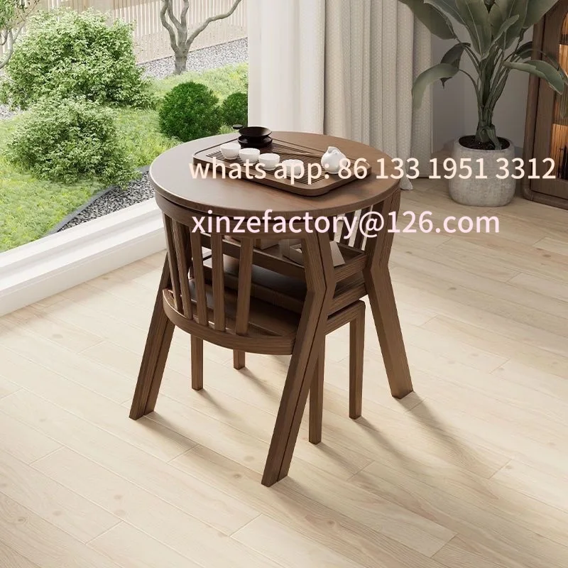 

Customizable leisure table and chair three-piece set solid wood tea one household two chairs combination round drinking table
