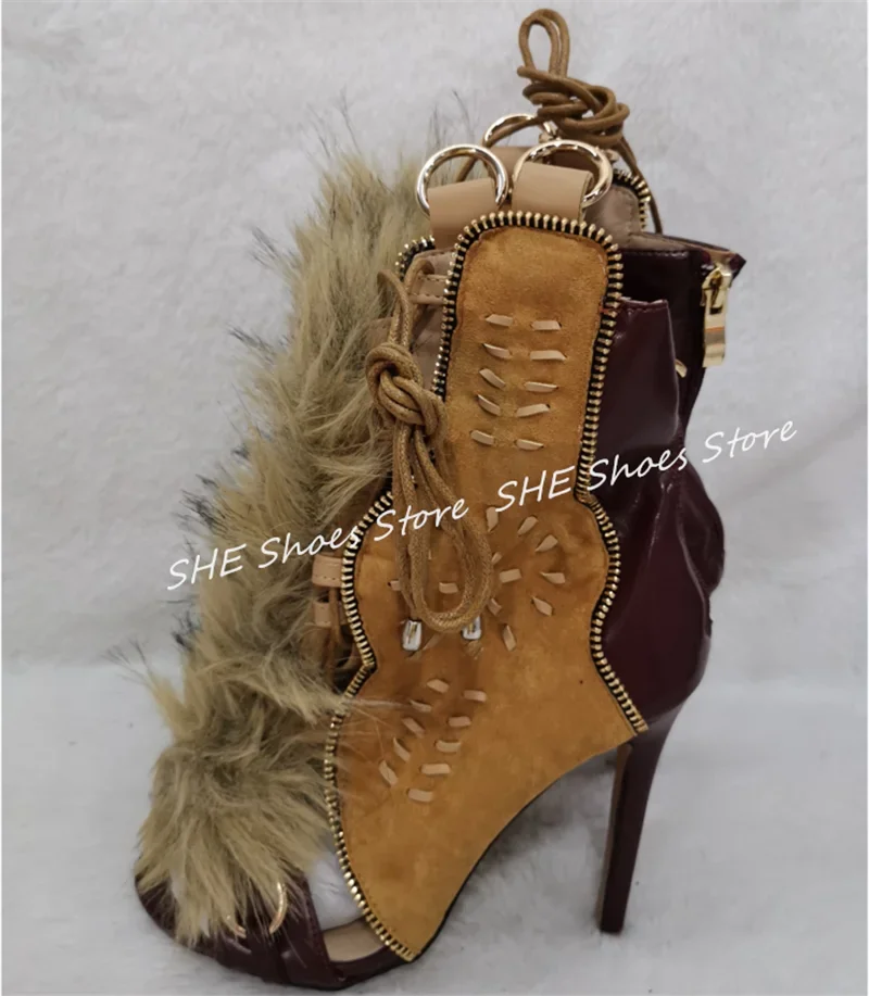 

Summer Cool Boots Peep Toe Cross Strap Women Sandals Fashion Mixed Color Metal Decor High Heel Boots Ladies Gladiator Shoes