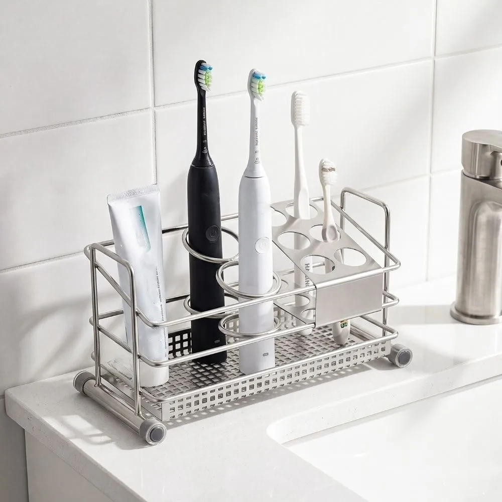 Stainless Steel Toothbrush Holder Rust Resistant Perforated Bottom Tray Countertop Organizer Fast Drainage Non-slip