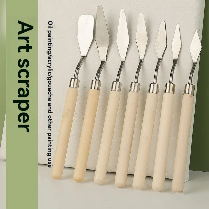 7Pcs Oil Painting Scraper Wooden Flat Head Stainless Steel Painting Knives Pick Knife Gouache Paint Pointed Color Mixing Spatula