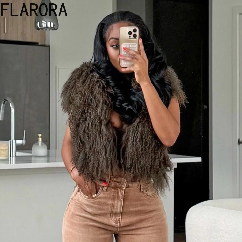 

FLARORA Sexy Faux Fur Waistcoat Women Furry Patchwork Halter Sleeveless Backless Crop Tops Fashion Warm Outerwear Y2K Streetwear