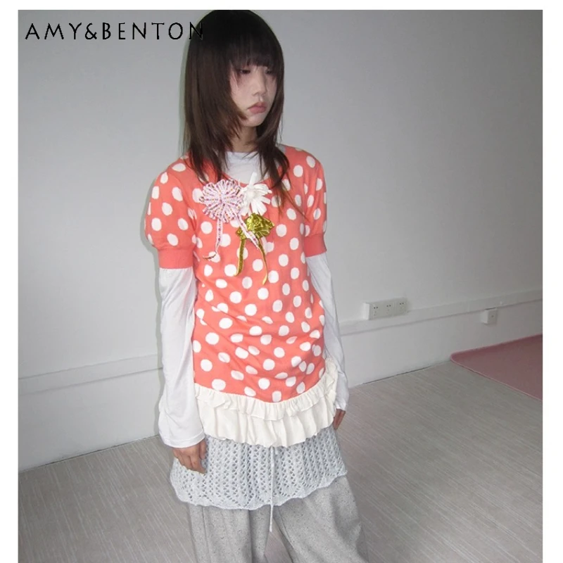 

Autumn Korean Decorative Polka Dot splicing Lace Women's T-Shirt Original Sweet Cute Loose Slimming Versatile T-ShirtS ladies