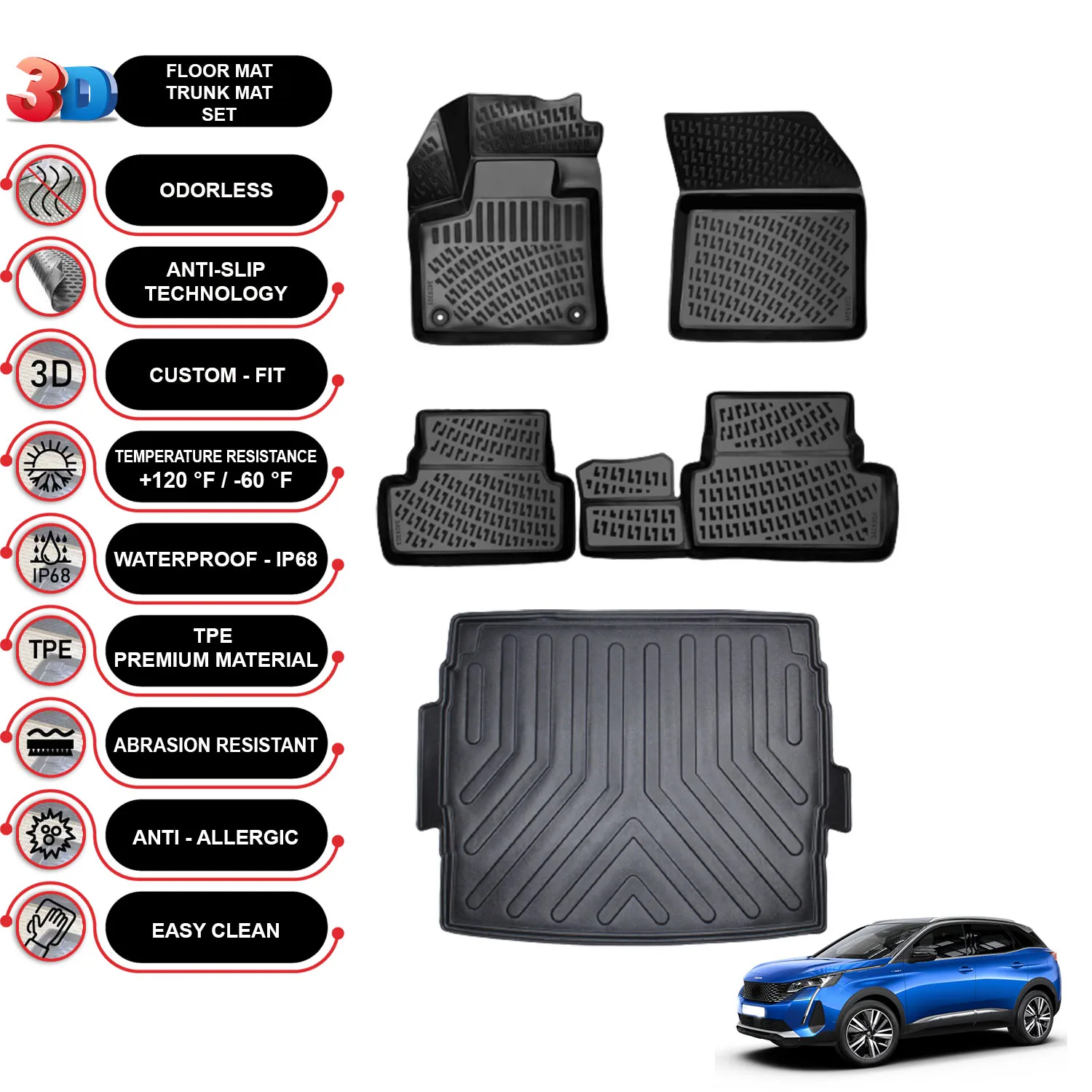 Peugeot 3008 - (2016-2022) - Floor Mats + Cargo Trunk Liner - SET - (Black)