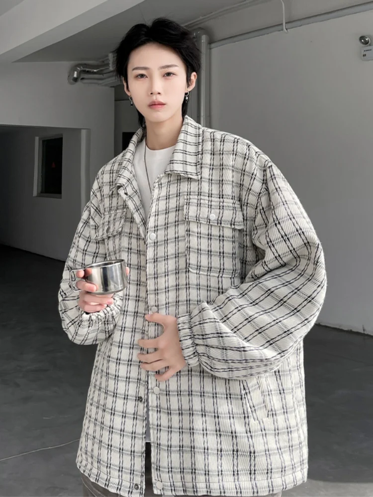 

Retro Hong Kong Sle Men's irt Chic Long Sve Plaid Casual Outerwear Spring Trendy High-End Feeling Haome Boy Clothes