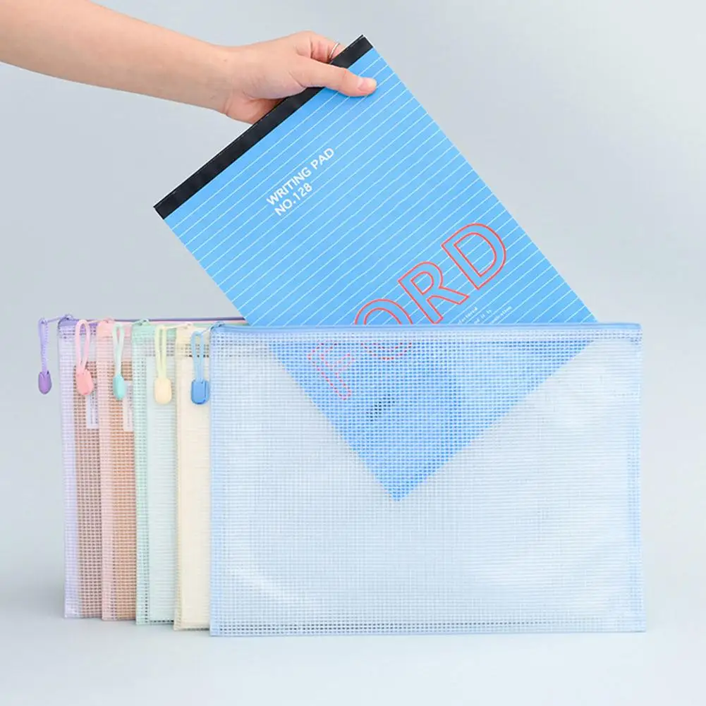 5pcs Mesh Zipper Pouch Document Bag Waterproof Zip File Folders A4 School Office Supplies Pencil Case Storage Bags