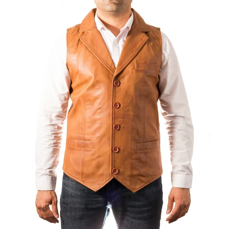 

Men's Lambskin 100% Leather Waistcoat Western Vest Coat Button Sleeveless Jacket