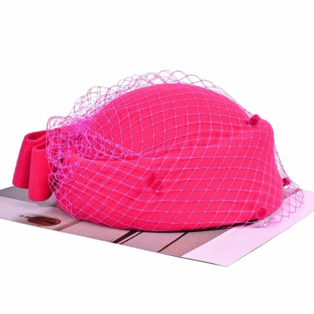 Jazz Hat Mesh Wool Bow Hat with Veil Solid Color Cashmere Pillbox Hat British Style Photography Decoration Topper Hat Wedding