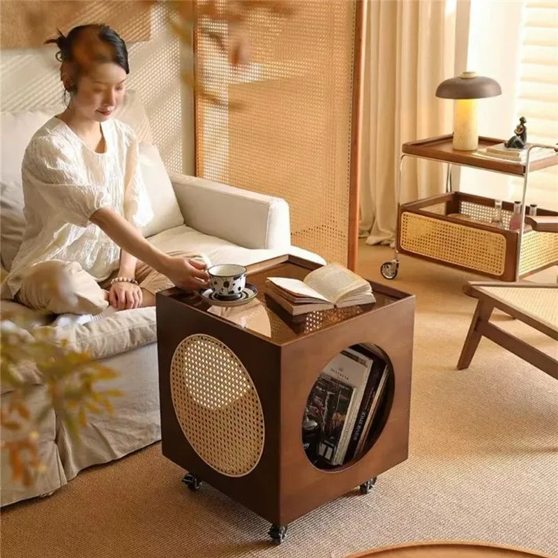 Retro Style Movable Tea Edge Sofa Cart Bedside Table Solid Wood Rattan Woven Small Side Table Storage Rack Coffee Table