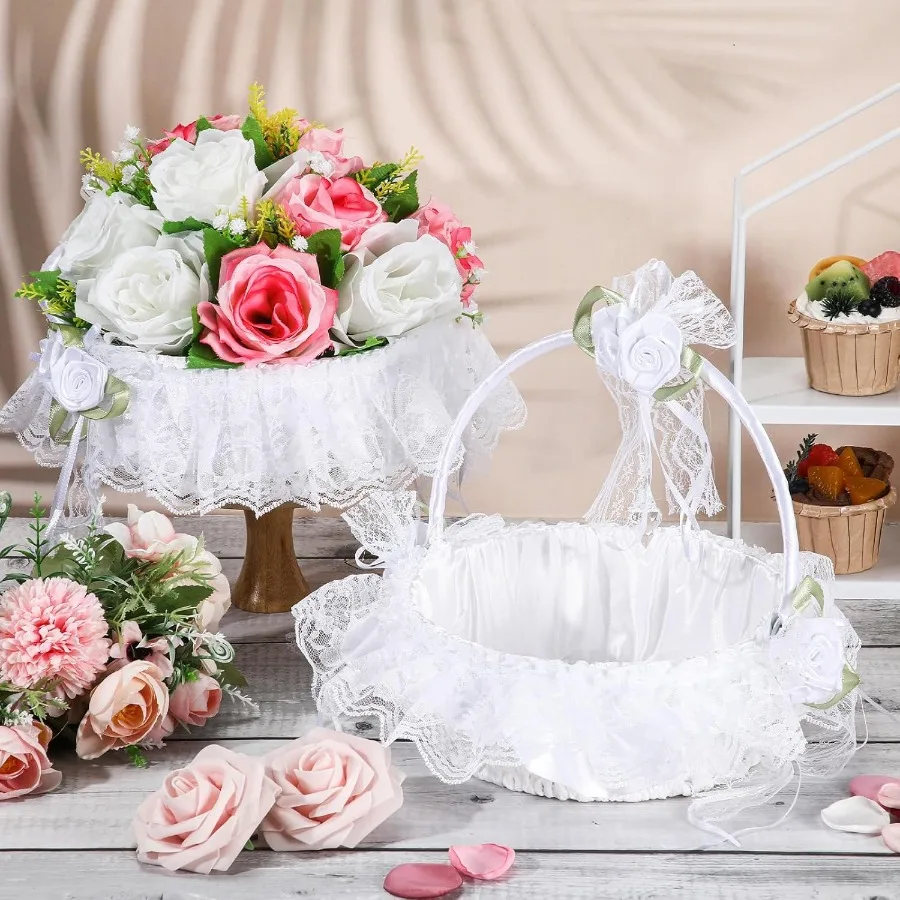 2 قطعة 9 بوصة الزفاف زهرة فتاة سلال مع مقبض قابل للطي الساتان الدانتيل Bowknot سلال ل فتاة الزهور الزفاف أنيقة و Pr #3
