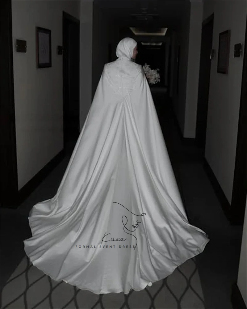 KUXA Muslim Wedding Dresses High Neck Satin Beaded Bride Dress Long Sleeves Arabic Bridal Gowns Customized Vestido De Noiva